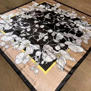 90cm vintage floral silk scarf with magnolia prints on black and gold background
