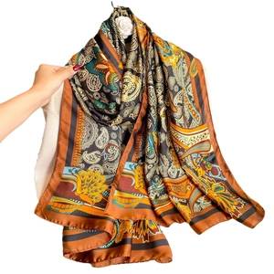 Retro paisley print satin silk scarf for women featuring elegant floral patterns and fringe