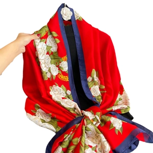 Elegant red silk shawl with white camellia print and deep blue satin border edges