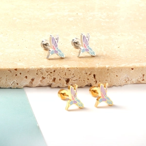 Detail of colorful hummingbird screw back earrings in gold and silver finish with enamel work