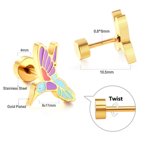 Detail of stainless steel gold-plated hummingbird stud earrings with colorful enamel