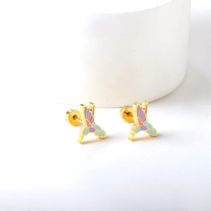 Creative hummingbird stud earrings in gold with colorful enamel wings and screw backs