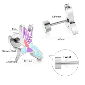 Detailed size specifications of hummingbird stud earrings with colorful enamel finish