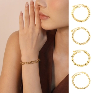 18K gold plated stainless steel bracelets set featuring curb and heart chain designs