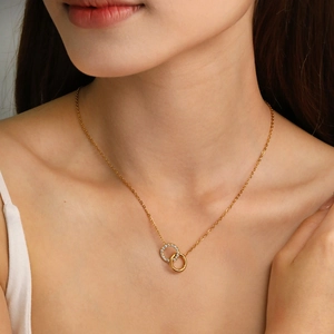 Interlocking Double Circle Pendant Necklace Stainless Steel 18K Gold Plated Cubic Zirconia Dainty Jewelry For Women