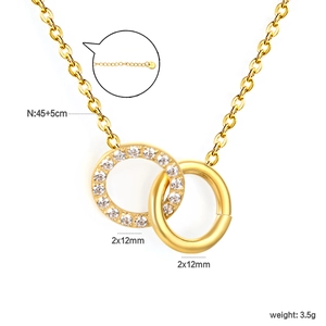 Detail showing 18K gold plated double interlocking circles with cubic zirconia