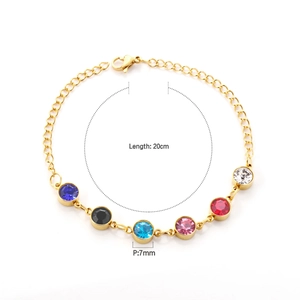 Detail of a 20cm gold plated stainless steel bracelet with six 7mm multi-colored zircons