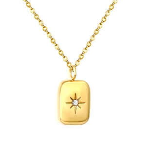 Polished 18K gold-plated stainless steel starburst pendant necklace with zircon stone