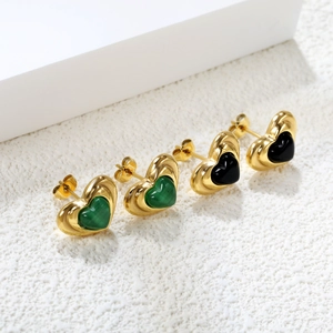 Heart Stud Earrings Stainless Steel Vintage Light Luxury Niche Design Green Black Stone Jewelry For Women
