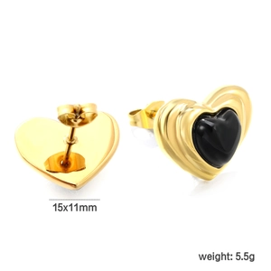 Golden heart stud earrings with black center and ribbed texture, 15x11mm size