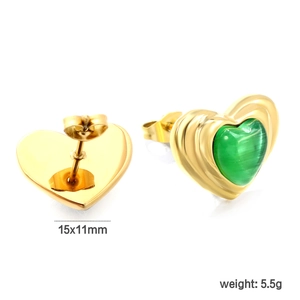 Golden heart stud earrings with green cat-eye stone, size 15x11mm, 5.5g pair