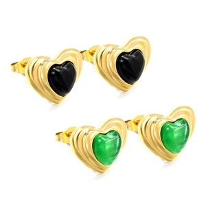 Retro stainless steel heart-shaped earrings with black and green stone inlay studs
