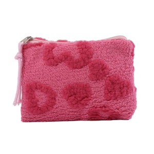 Pink heart plush makeup bag with fluffy fleece texture and smooth zipper closure
