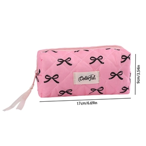 Pink quilted bow pencil case detail with Colorful label and 17x9cm size dimensions