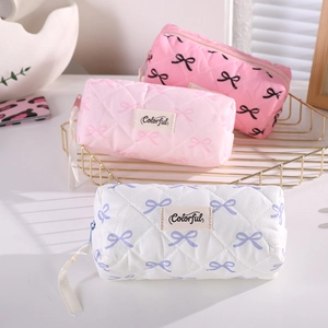 Quilted Bow Print Pencil Case Aesthetic Korean Style Polyester Zipper Makeup Bag Portable Stationery Pouch For Students