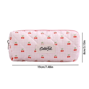 Pink checkered cherry pencil case with quilted texture and dimensions 19x8 cm