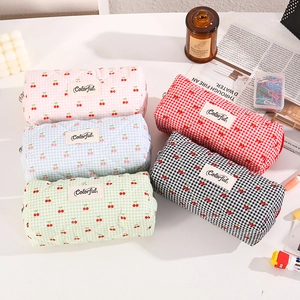 Quilted Pencil Case Polyester Gingham Cherry Print Stationery Storage Bag Cute Zippered Pouch For Students