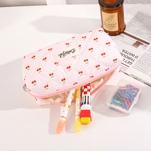 Pink quilted cherry pattern fabric pencil case for stationery and cosmetic storage