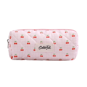 Pink checkered quilted pencil case with cherry pattern and Colorful label on white background
