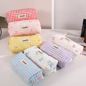 Astuccio Per Matite In Cotone Trapuntato Gingham Grande Capacità Fiocco Estetica Pochette Trucco Per Studenti Ragazze Stile Coreano