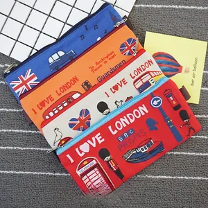 Detail view of colorful Oxford fabric pencil cases with London themed zipper closure