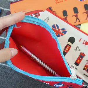 Detail view of London themed pencil case showing interior capacity and blue zipper