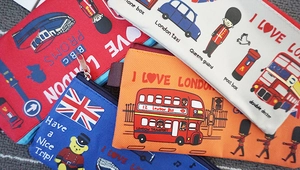 Oxford cloth London themed pencil cases with bus, phone booth prints and zip closure