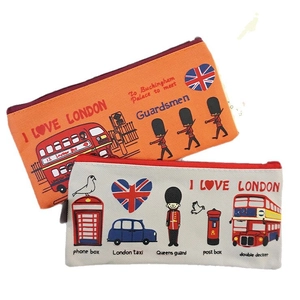 Oxford fabric London-themed pencil cases with red zipper and classic British icons