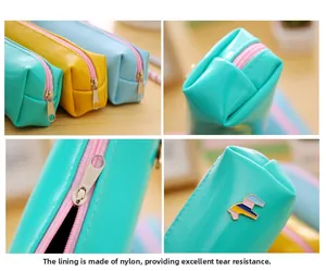 Detail of the tear-resistant nylon lining inside the colorful PU leather pencil case
