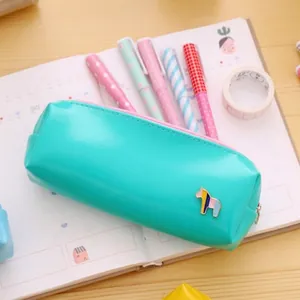 Cute Pencil Case PU Leather Macaron Color Small Horse Badge Zipper Stationery Pouch Korean Style For Students And Office