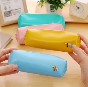Minimalist PU leather pencil cases in four pastel colors with rainbow horse logo