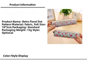 Detail of vintage floral pencil case with lace trim and retro polka dot fabric