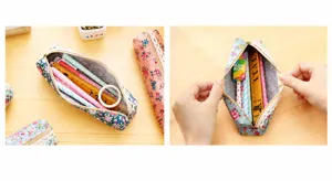 Detailed view of floral canvas pencil case showing large capacity and lace trim