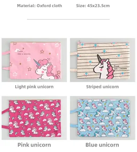 Detail view of four unicorn canvas A4 document bags in pink, blue, and striped patterns