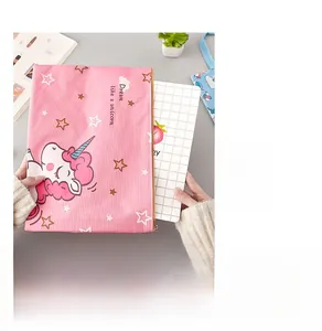 Detail of pink unicorn canvas file bag showing the zipper and spacious A4 interior