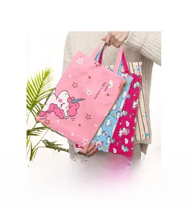 Detail of multi-color cartoon unicorn A4 canvas document bags with handles and zippers