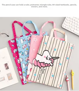 Detail of A4 unicorn canvas file bags with handles, zippers, and cute cartoon patterns
