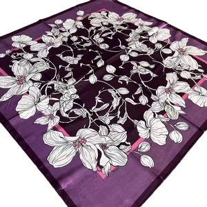 Elegant 90cm vintage floral silk scarf with purple satin finish and white flower patterns