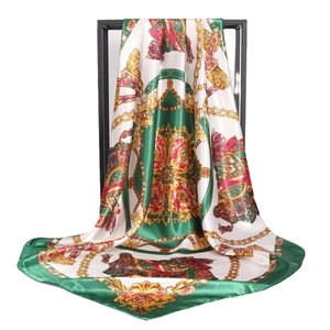 Retro chain print satin square scarf in emerald green and ivory white 90cm wrap