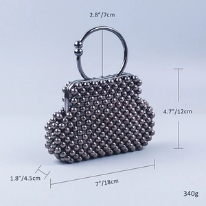 Detailed dimensions of the gunmetal beaded shell bag with metal ring handle