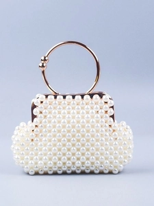 Hand Woven Beaded Evening Bag Round Metal Handle Shell Shape Faux Artificial Pearl Metal Handbag For Wedding Party Vintage Elegant
