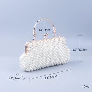 Detailed dimensions of white pearl evening bag with golden metal handle and beaded design