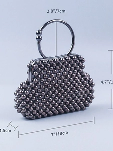 Handmade woven bead shell evening clutch bag with metal ring handle and silver finish