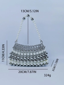 Sac à main vintage français avec perles blanches et argentées en style fourre-tout