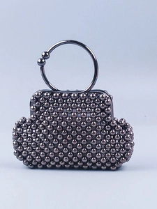 Handmade gunmetal beaded frame handbag with retro metal top handle and clasp closure