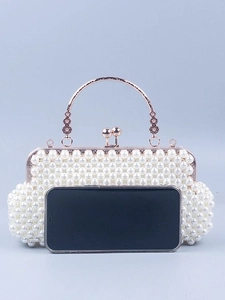French style pearl woven handbag with gold floral handle and metal spherical clasp