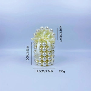 Detailed size specifications for a handmade pearl beaded bag showing 9.5cm width and 330g weight