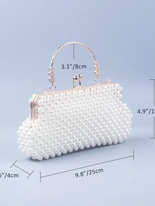 Handmade pearl woven clutch bag with gold floral handle and dimensional measurements