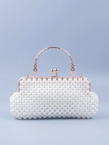 Woven pearl handbag with rose gold metal frame and floral handle details