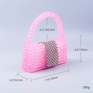 Sac à main perlé rose fait main avec bandoulière perle et détails tissés, 20x10x6,5cm